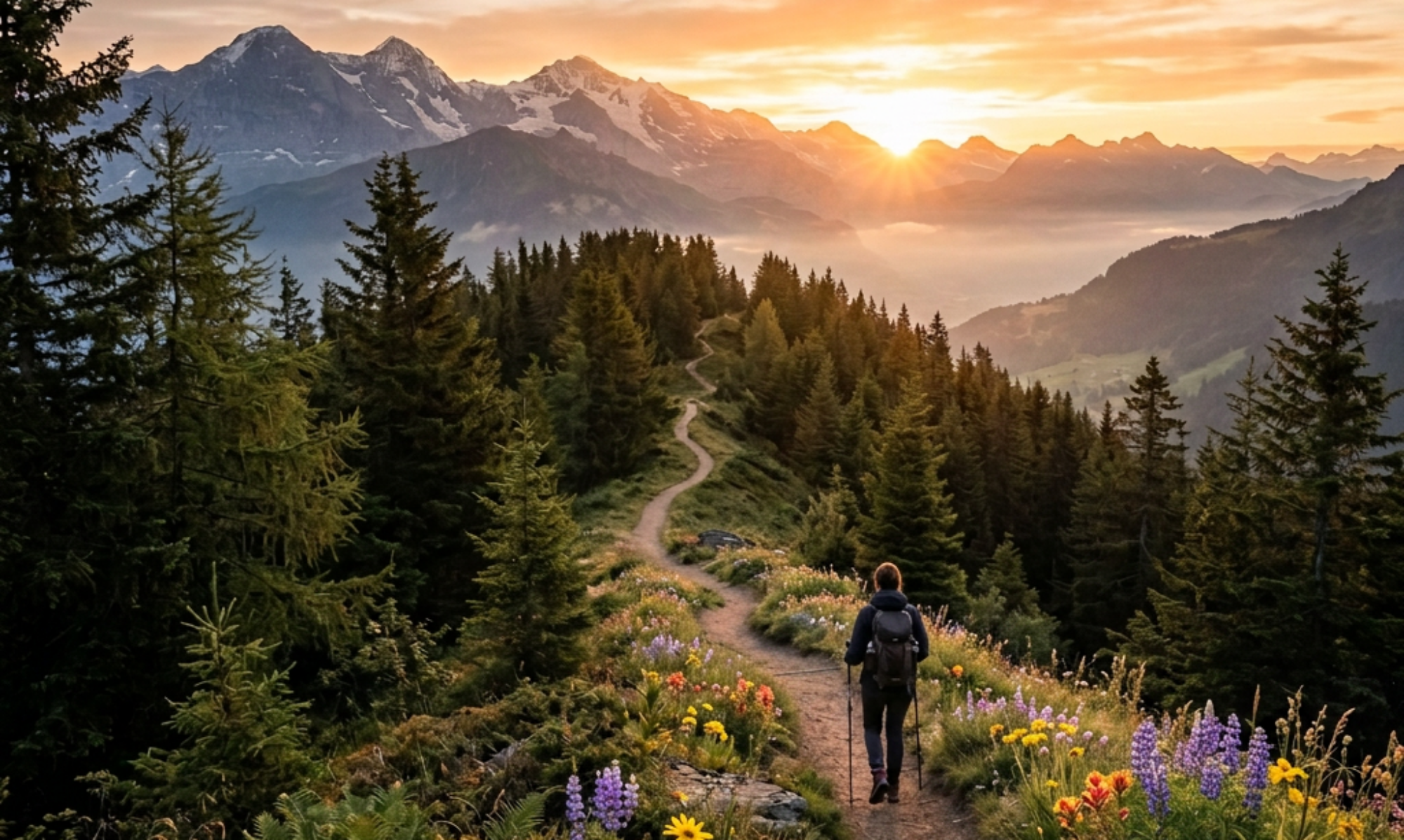 Add wildflowers along forest mountain path